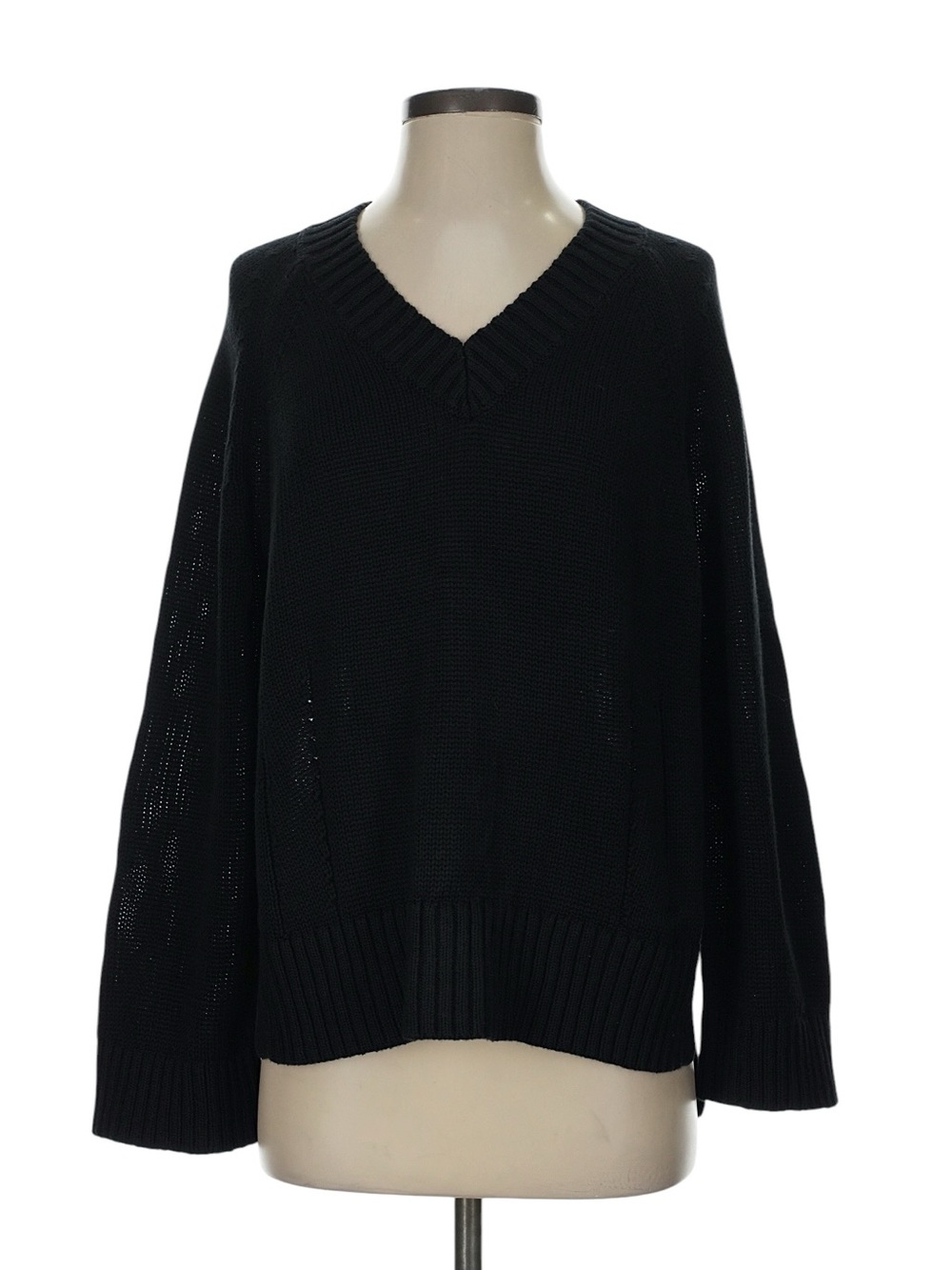 J. Crew Heritage Cotton Oversized V-Neck Sweater S Black Fisherman Preppy Layer